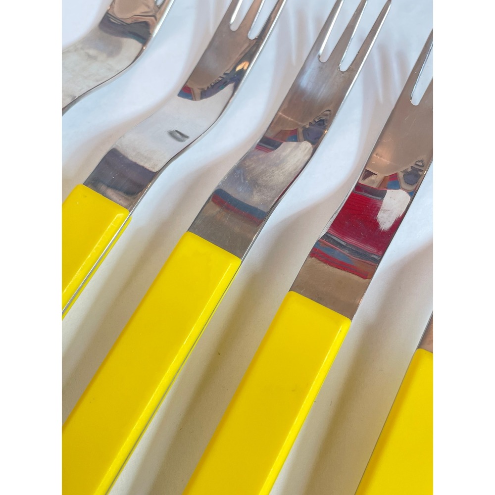 RARE Vintage Norway 18-8 Stainless Steel Appetizer Forks Yellow MCM Set of 5